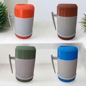 Set of 4 vintage Thermos green blue orange & tan glass liner handle 10 oz